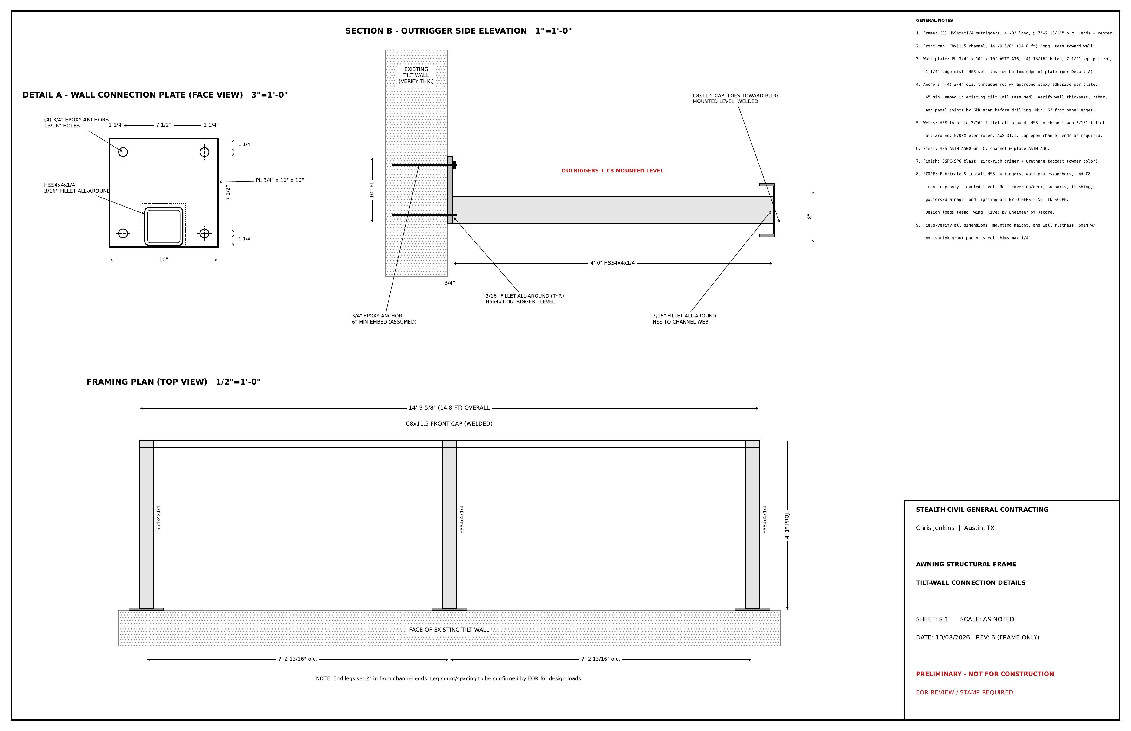 Steel awning framing plan and tilt-wall connection details by Stealth Awnings and Steel